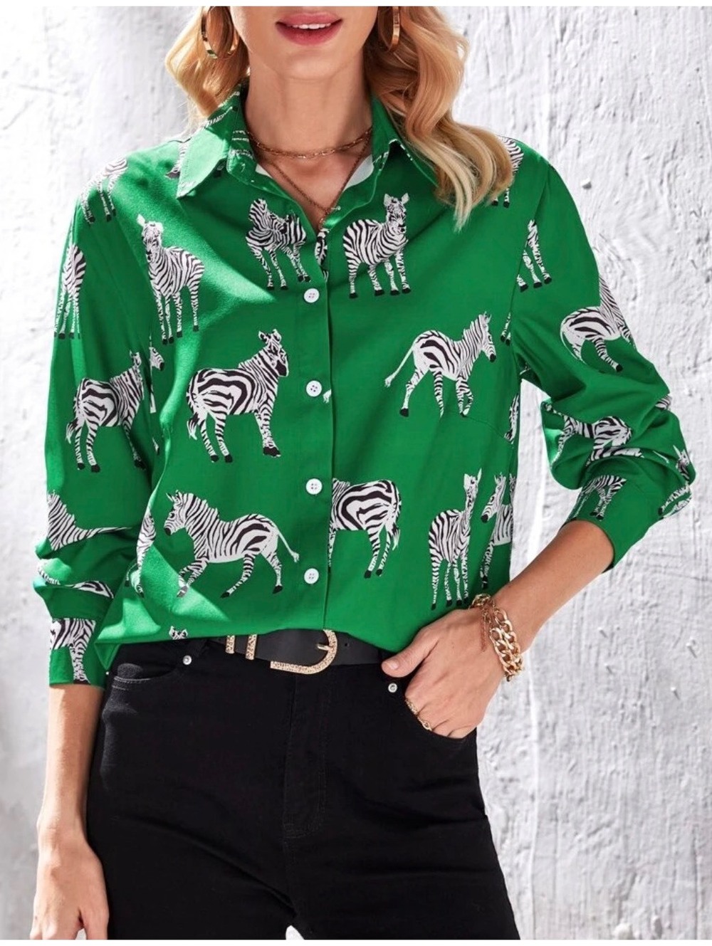 Green Zebra Print Satin Button Down Shirt Size L Animal Print